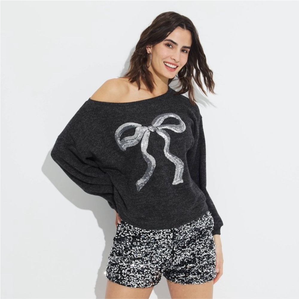 New with Tags Wild Fable Charcoal Off-Shoulder Sequin Bow Accent Women's Sweater
